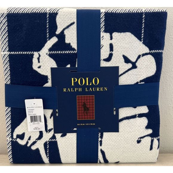 Polo Ralph Lauren Oakwood Big Pony Oversized Throw Blanket 50" X 70" Navy $185 - Picture 1 of 11